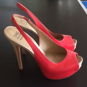 Red coral, peep toe sling back heels